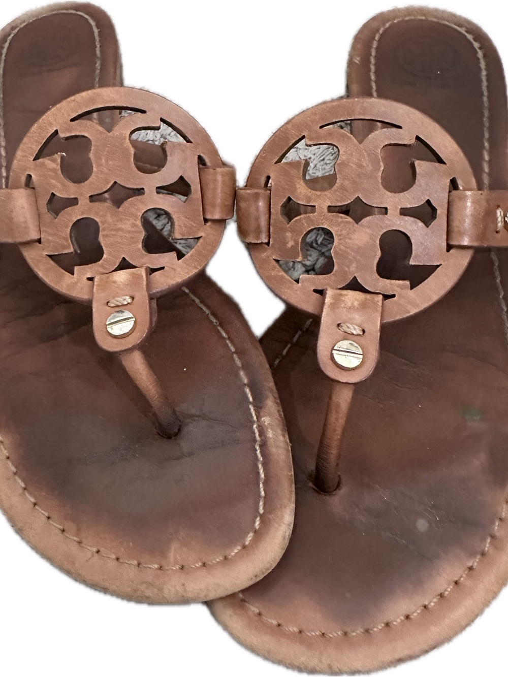 Tory Burch Brown Leather Logo Thong Sandals